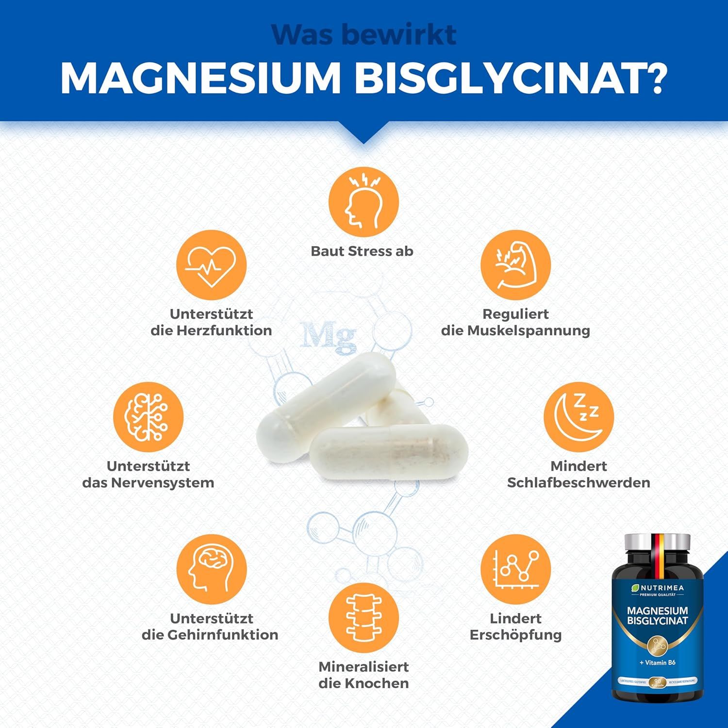 Kapseln und eine Flasche Magnesium Bisglycinat. Text: Unterstützt Herzfunktion, Nervensystem, Gehirnfunktion, Knochen, lindert Erschöpfung.