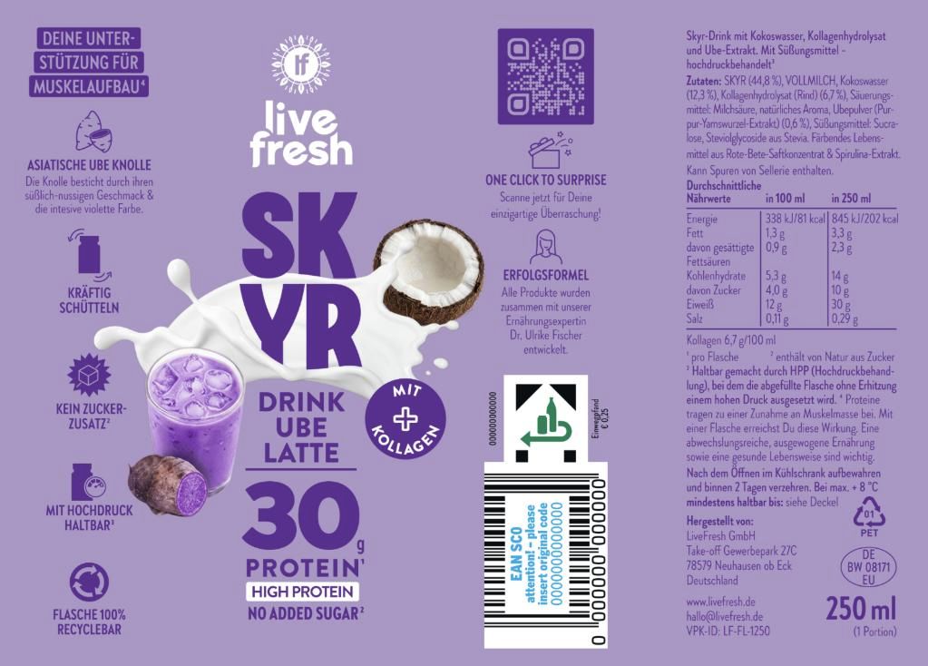 LiveFresh Skyr Drink Ube Latte mit Kollagen. 30g Protein, Low Carb, ohne Zuckerzusatz. 250ml Flasche.