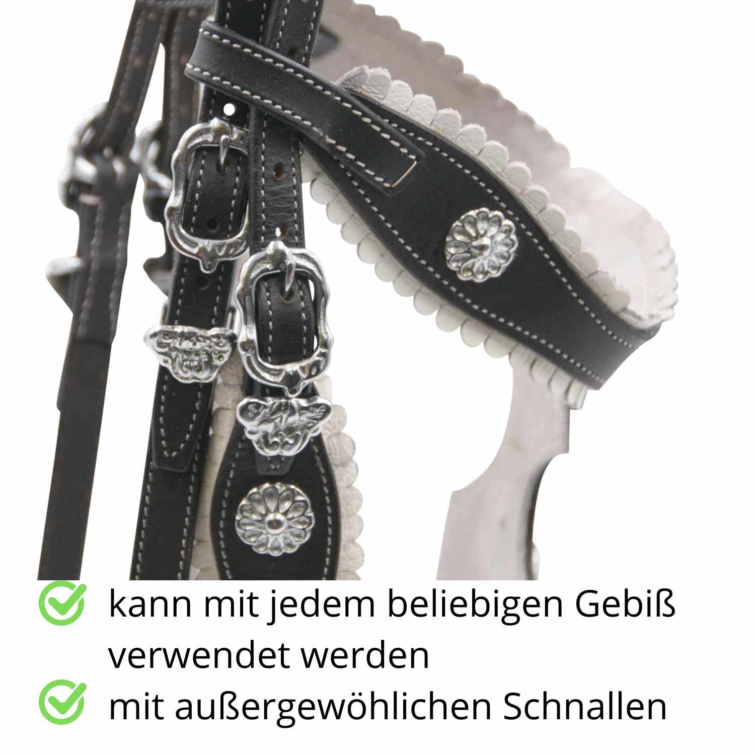 Schwarze Trense mit silbernen Beschlägen und weißen Ziernähten. Kann mit jedem Gebiss verwendet werden. Mit außergewöhnlichen Schnallen.