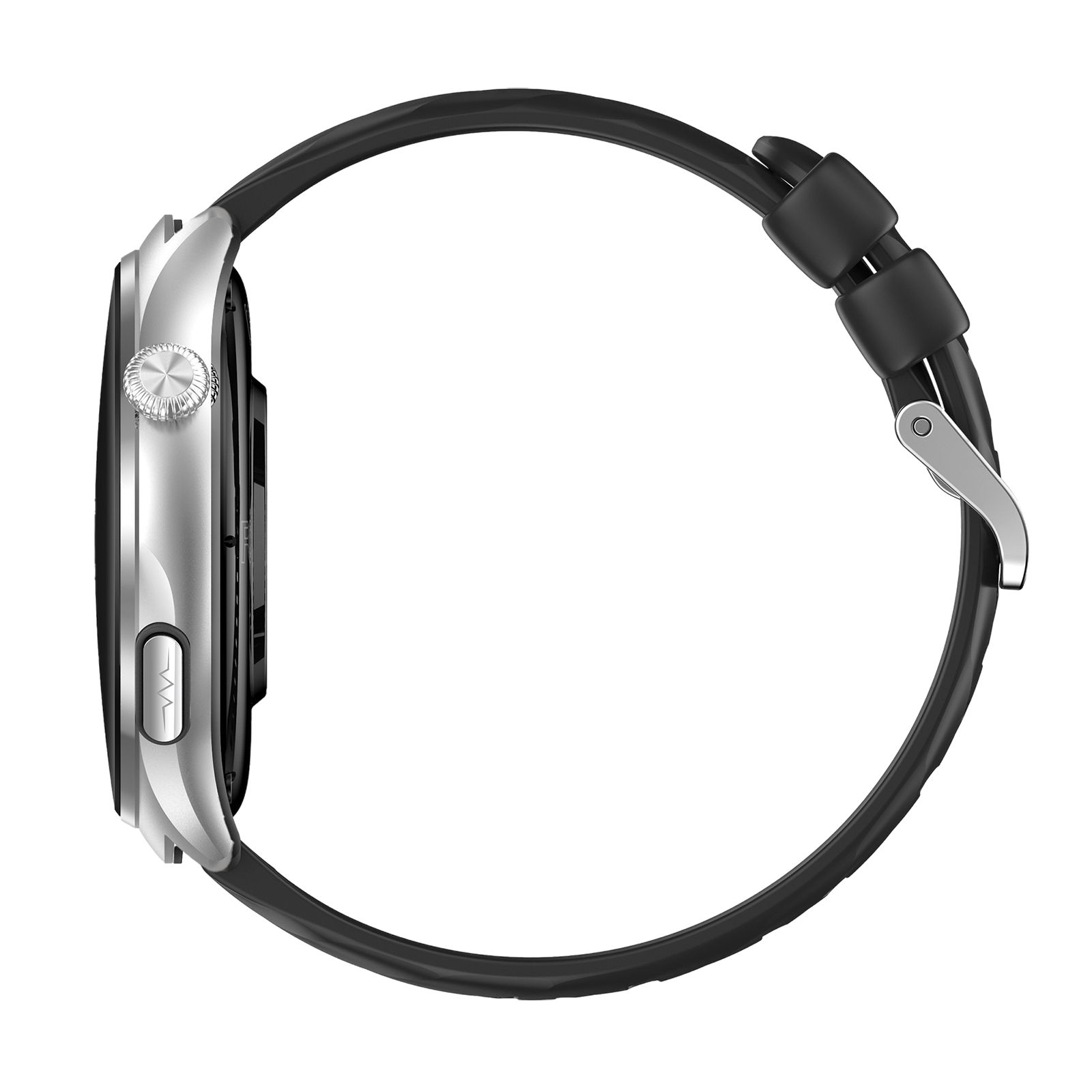 Smartwatch, Seitenansicht. Silbernes Gehäuse, schwarzes Armband. Knöpfe, schwarzes Display.