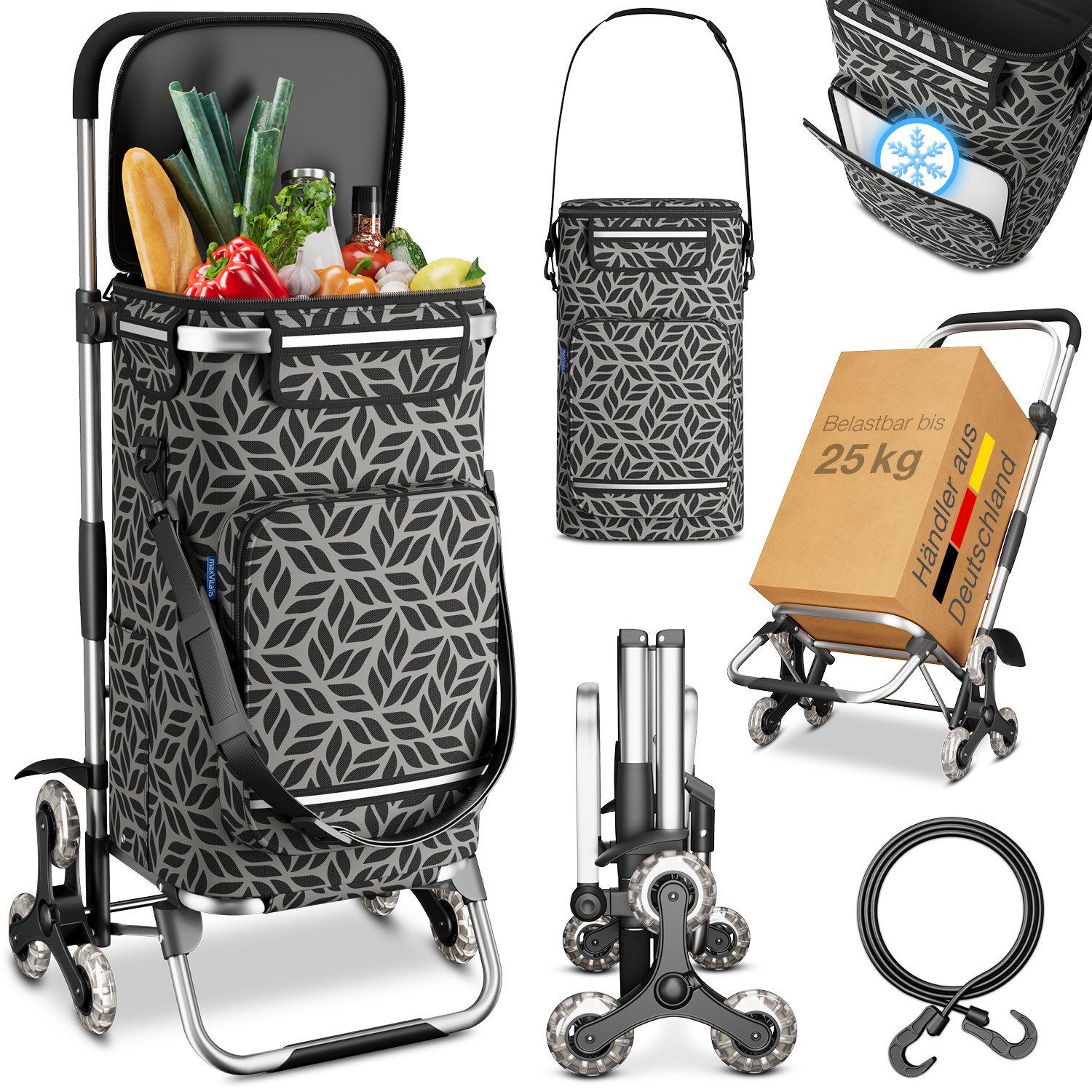 Einkaufstrolley mit Kühltasche, 3+3 Rad-System. Abnehmbare Tasche, 43 l Volumen. Enthält Lebensmittel. Schwarzes Muster auf grauem Stoff.