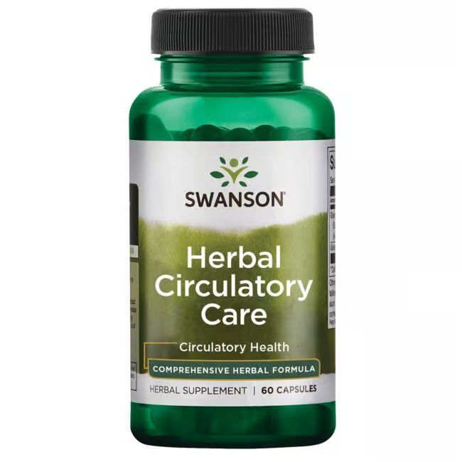 Grüne Flasche mit schwarzem Deckel. Aufschrift: SWANSON Herbal Circulatory Care. 60 Kapseln. Kräuterergänzungsmittel.