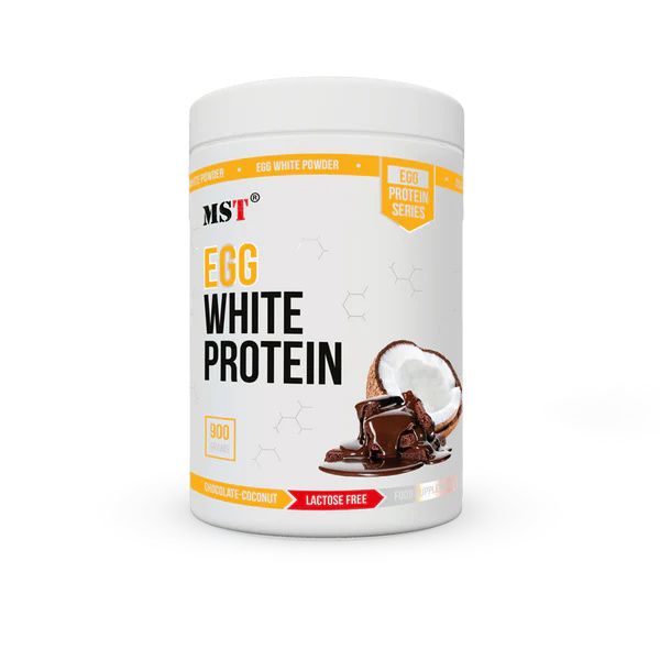 Weißes Protein-Pulver in Dose. Aufschrift: MST EGG WHITE PROTEIN. Mit Kokosnuss- und Schokoladen-Illustration.