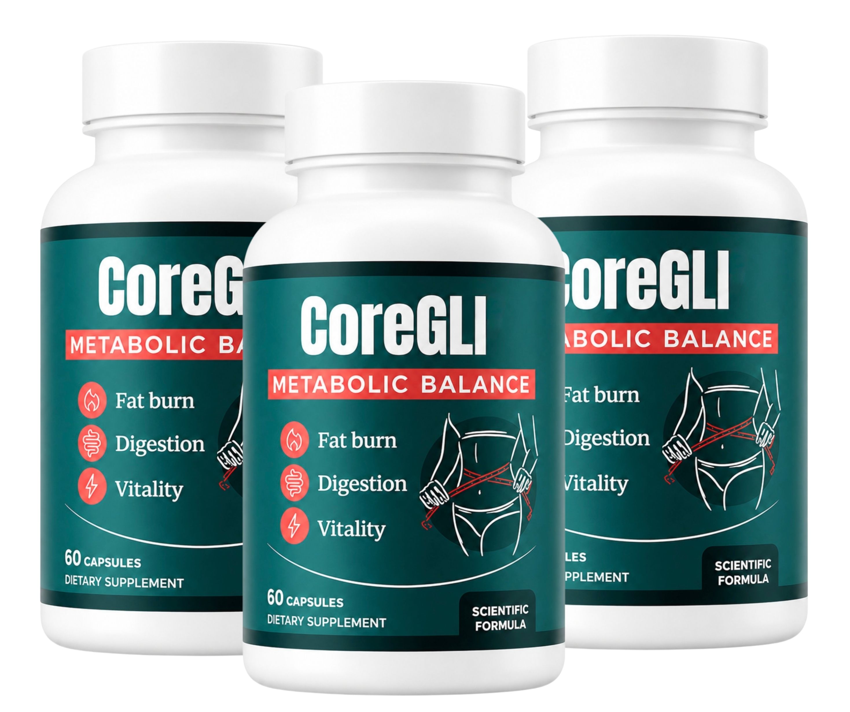 Drei Flaschen CoreGL Nahrungsergänzungsmittel mit Etiketten, die 'Fat burn', 'Digestion' und 'Vitality' angeben.