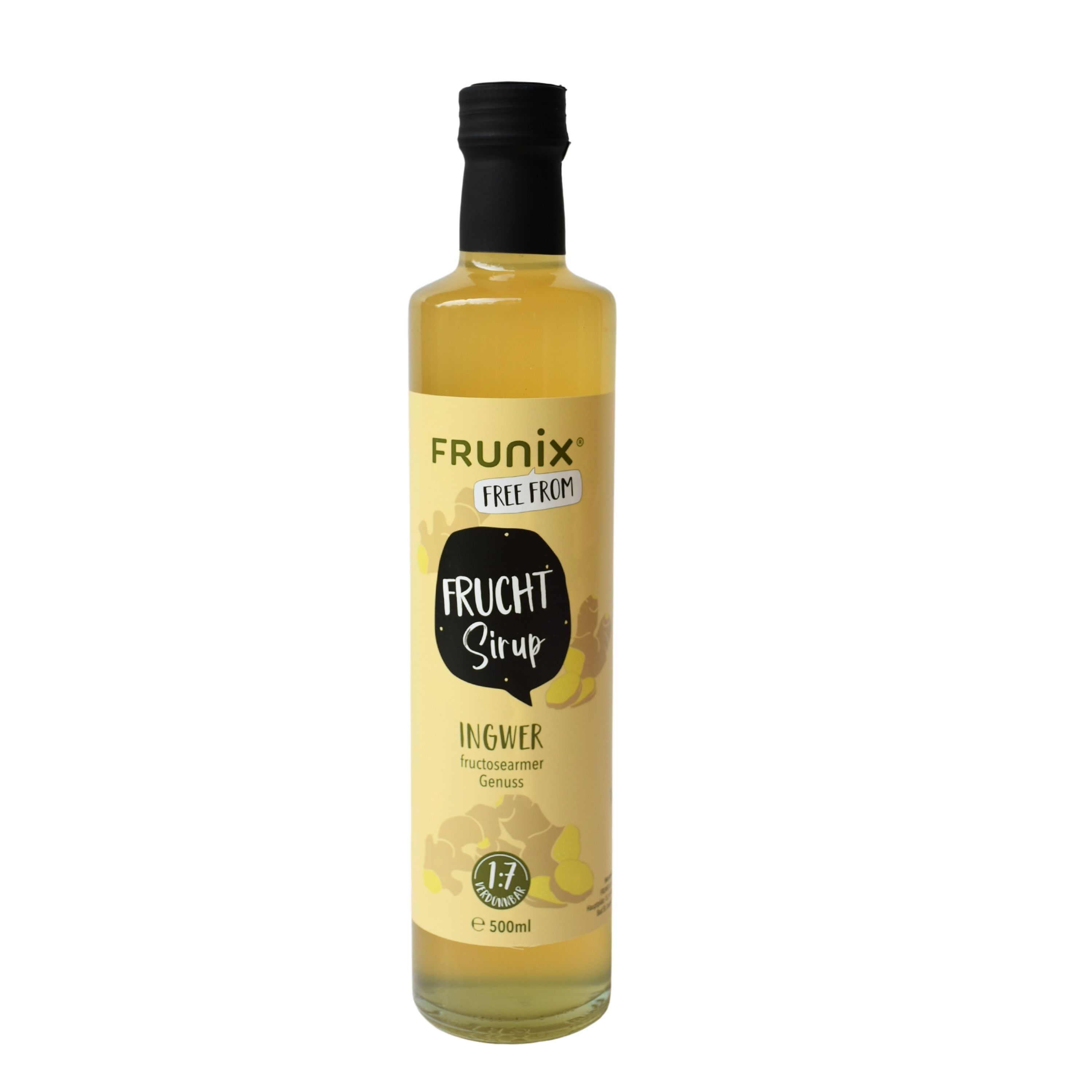 Glasflasche mit gelber Flüssigkeit. Schwarzer Verschluss. Etikett mit Produktname: FRUNIX Frucht Sirup Ingwer. Volumen: 500ml.