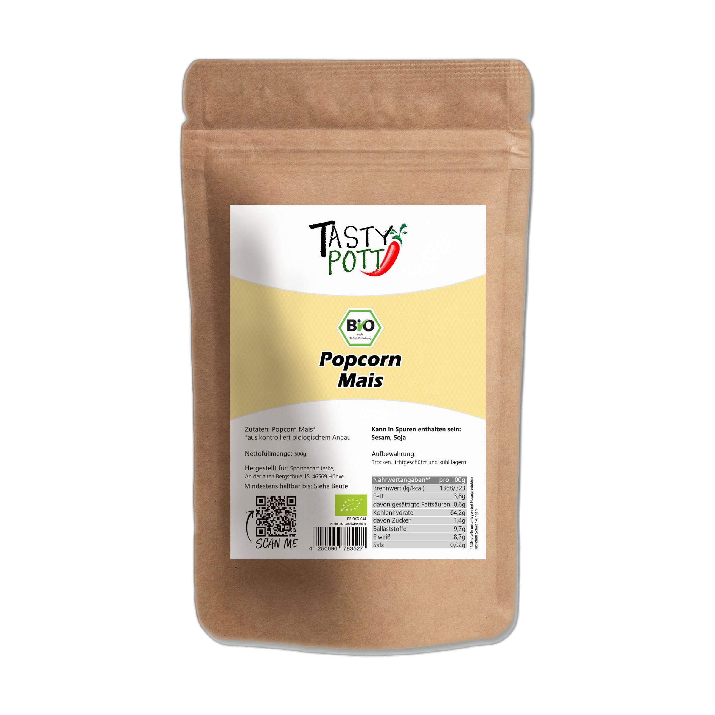 Braune Papiertüte mit Bio-Popcornmais. Enthält Nährwertangaben und Bio-Siegel.
