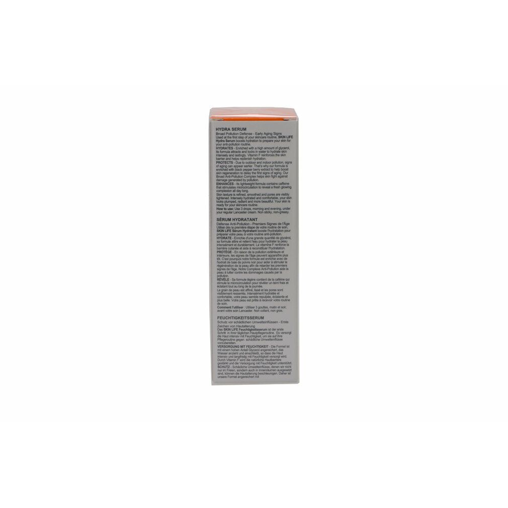 Verpackung mit Text. Aufschrift: Lancaster, Skin Life Hydra Serum. Text in Orange.