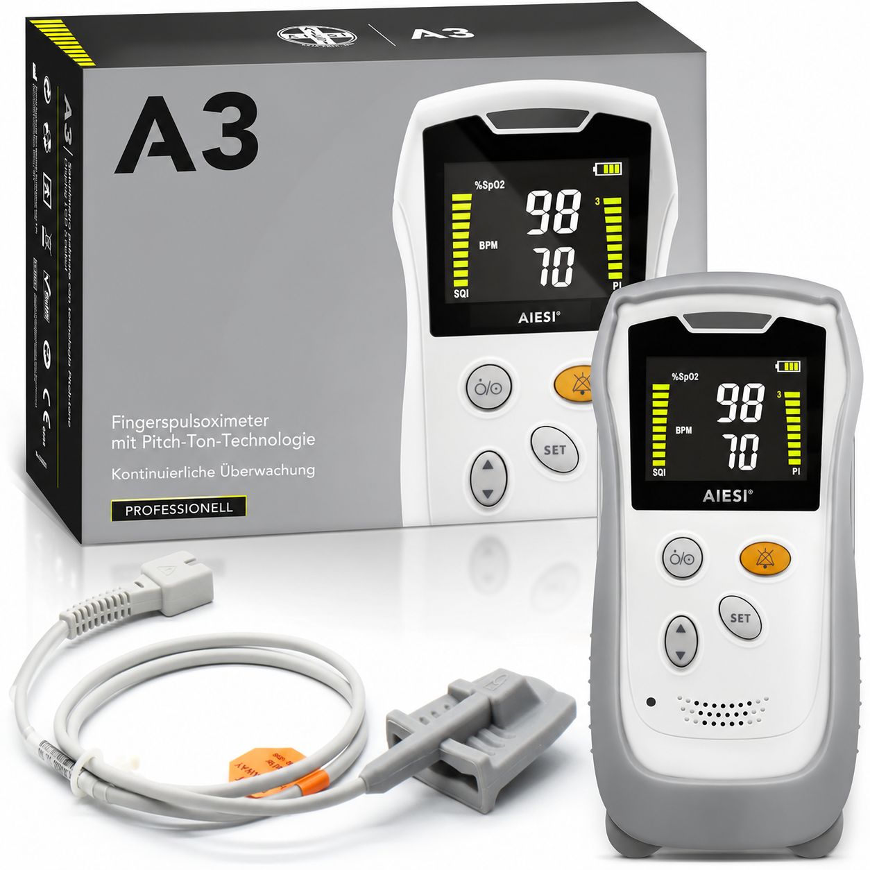 Ein Fingerspulsoximeter mit LCD-Display, Tasten und Fingerclip, mit technischen Daten wie Messmethode und Genauigkeit.