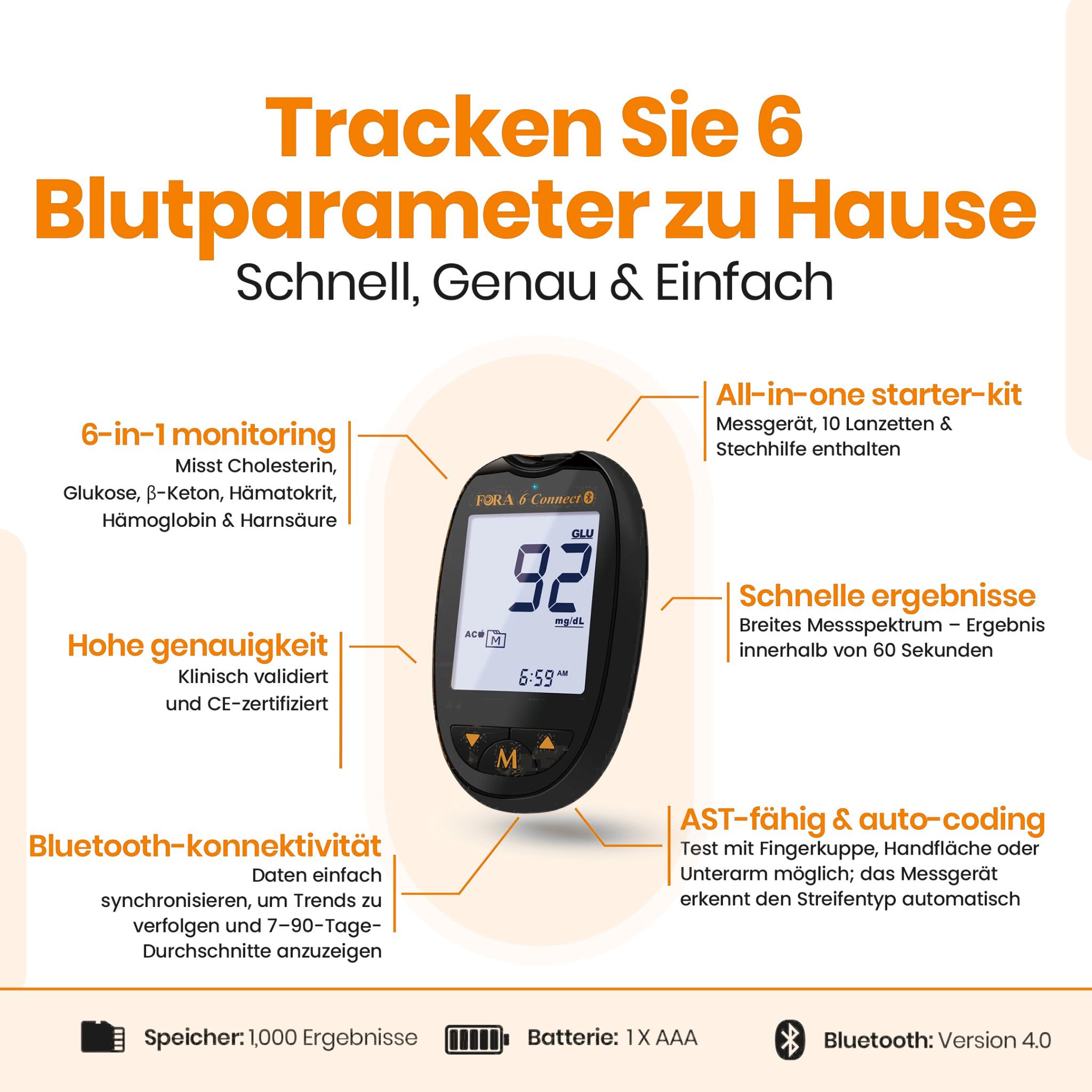 Ein Mehrfachmessgerät mit digitalem Display, das 6 Blutparameter misst. Enthält Zubehör und Bluetooth-Konnektivität.