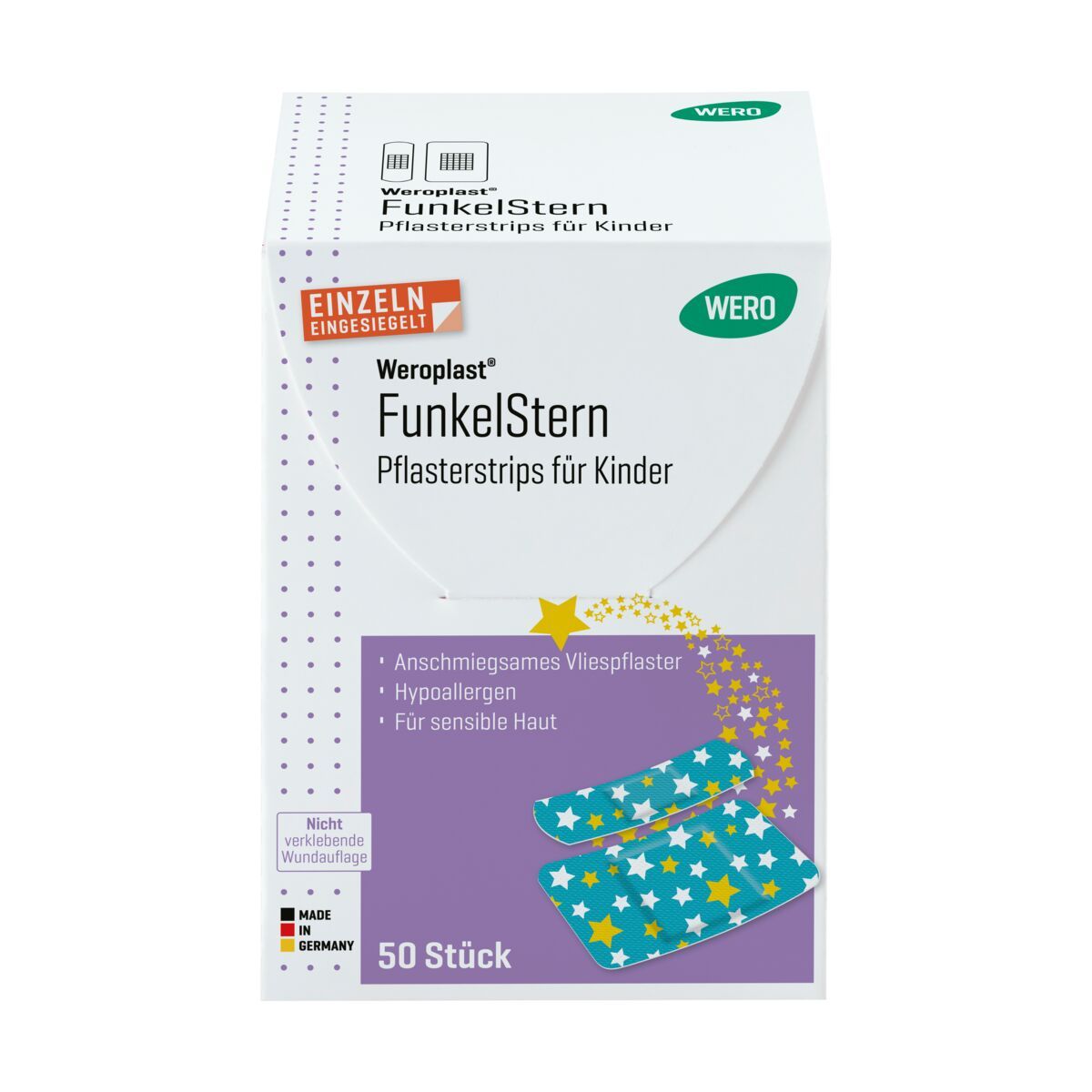 Verpackung WERO FunkelStern Pflasterstrips für Kinder, 50 Stück, mit Sternenmuster.