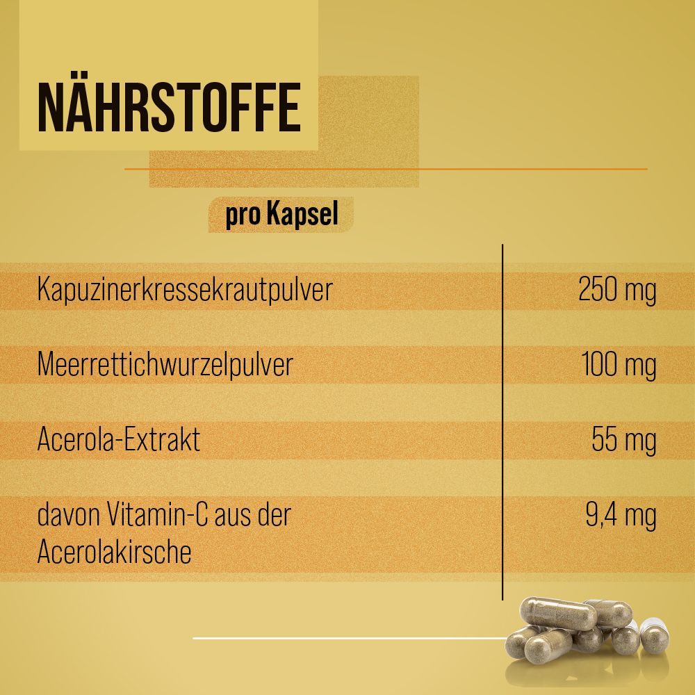 Grafik mit Text: Nährstoffe pro Kapsel. Tabelle mit Inhaltsstoffen und Mengen. Einige Kapseln liegen daneben.