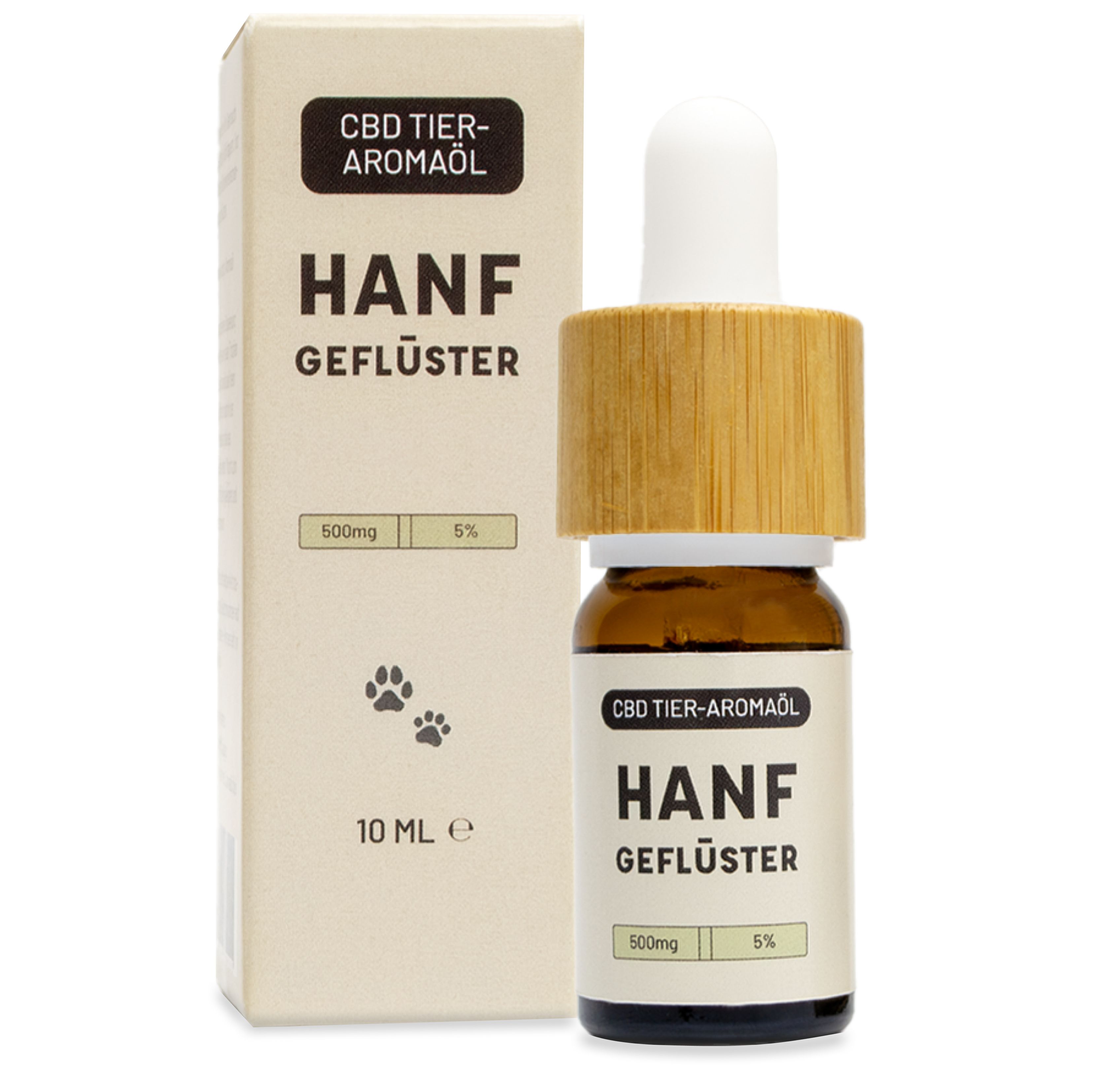 Braune Glasflasche mit Bambusdeckel und Karton. Aufschrift HANFGEFLÜSTER, CBD Tier-Aromaöl. 10 ml Flasche, 5%.