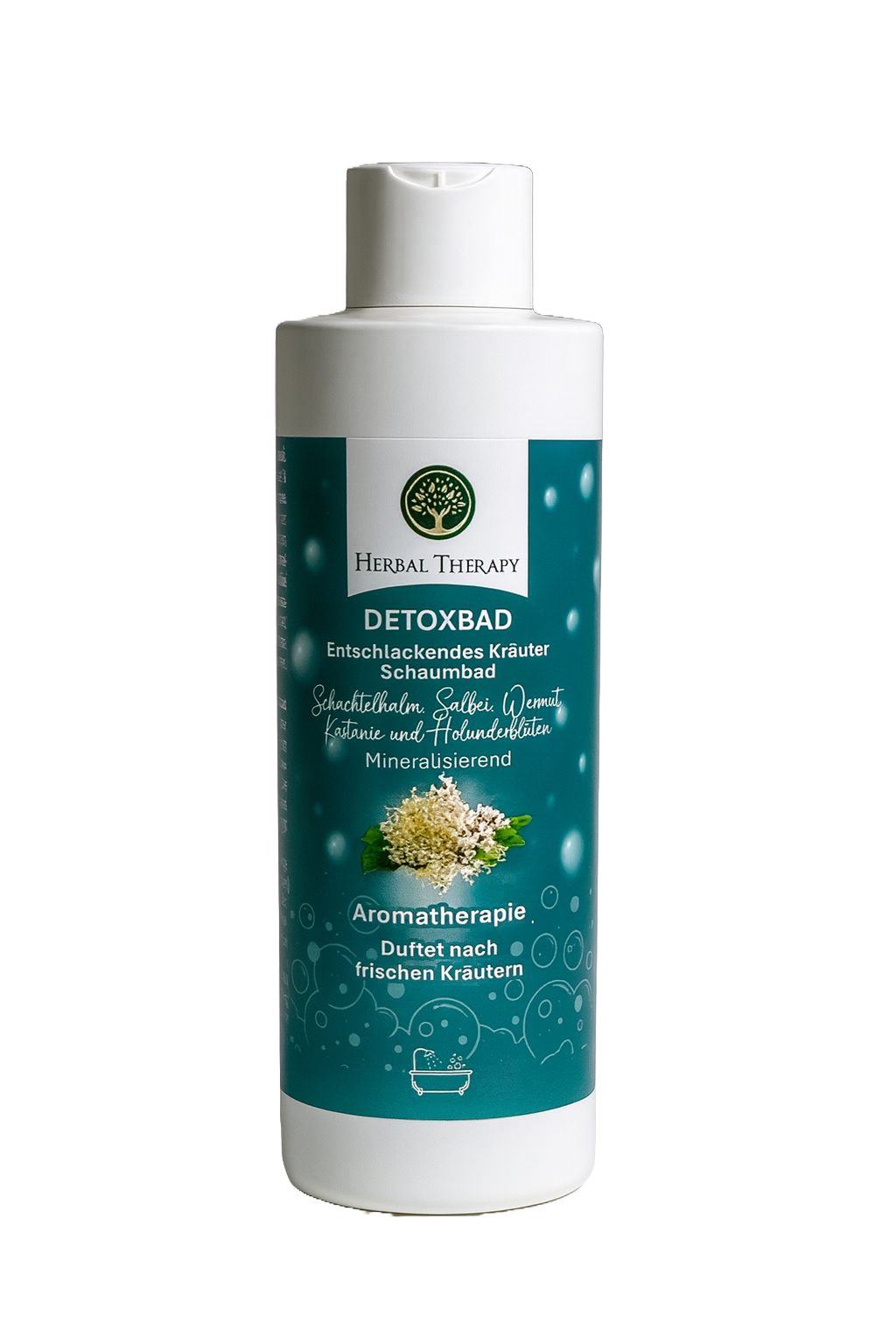 Weiß-grüne Flasche mit Herbal Therapy Detoxbad. Text: Entschlackendes Kräuter Schaumbad, Aromatherapie. Mit Kräutern.
