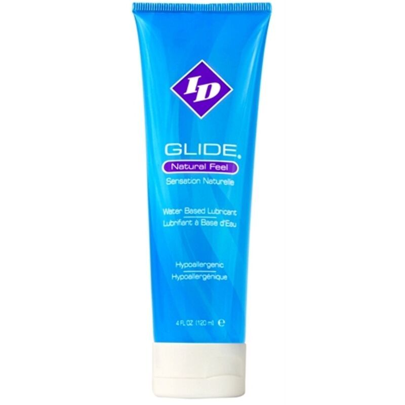 Blaue Tube mit Produktbezeichnung „GLIDE, Natural Feel“. Text: „Water Based Lubricant“. Unten: „Hypoallergenic“.
