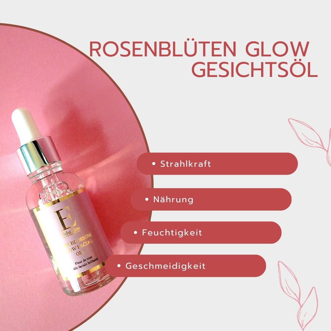 Gesichtsöl-Flasche mit Pipette, umgeben von rosa Elementen. Produktbezeichnung und Vorteile.