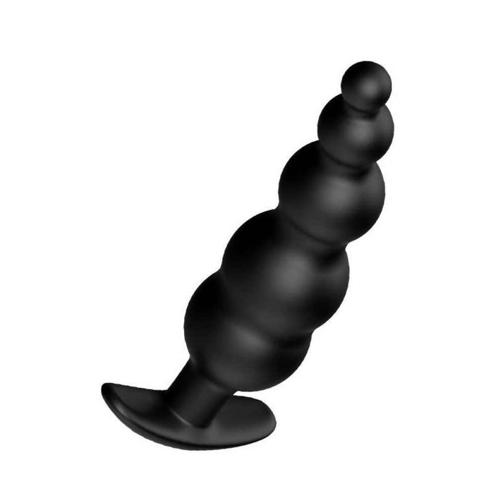 Schwarzer Analplug mit gerundeter Form. Besteht aus mehreren, unterschiedlich großen Kugeln. Basis mit gebogener Form.