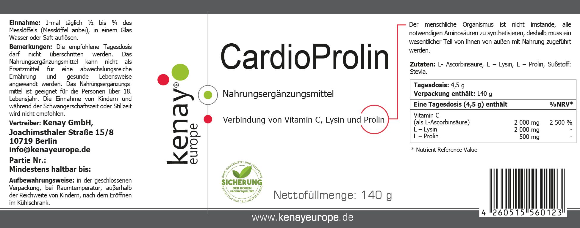 Etikett von CardioProlin KENAY®. Text: Nahrungsergänzungsmittel, Vitamin C, Lysin, Prolin. Logo: Kenay Europe. Nettofüllmenge: 140 g. Zertifizierung.
