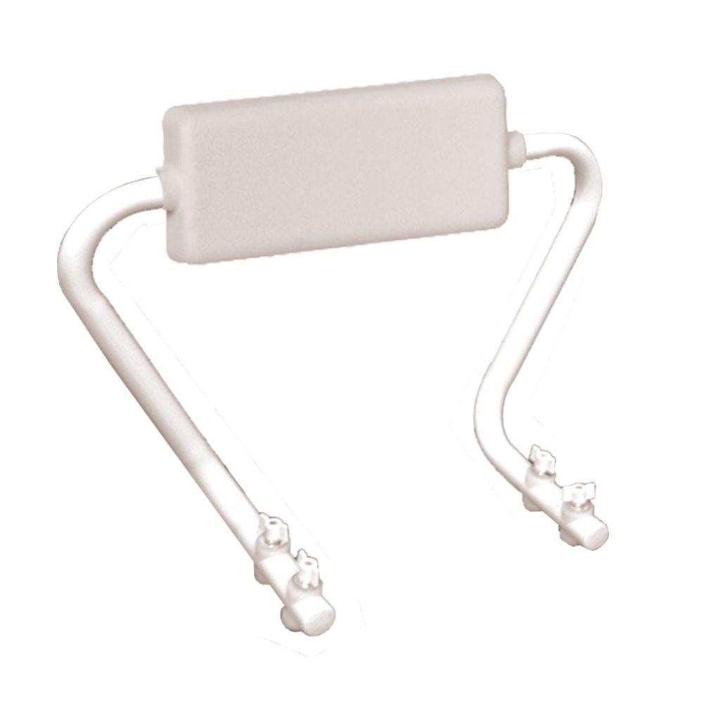 Weiße Rückenlehne mit gebogenen Stützen und Einstellknöpfen. Rechteckige Form, vermutlich für Duschhocker.