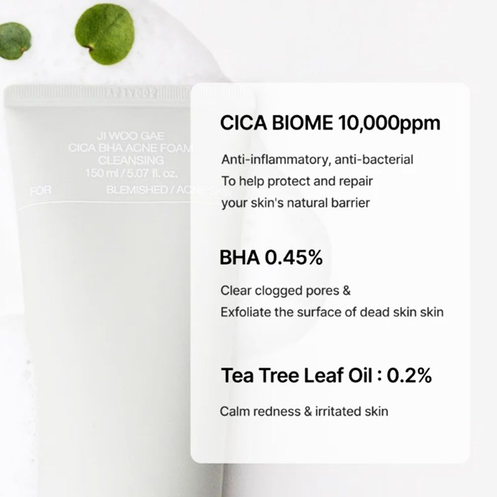 Celimax Ji Woo Gae Cica BHA Akne-Reinigungsschaum: Cica Biome 10.000ppm, BHA 0,45%, Teebaumblattöl 0,2%.