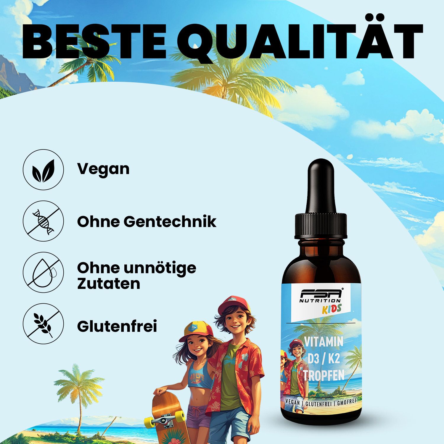Braune Flasche mit Tropfer. Aufschrift: FSA NUTRITION KIDS Vitamin D3 / K2 Tropfen. Vegan, glutenfrei. Kinder mit Surfbrett.