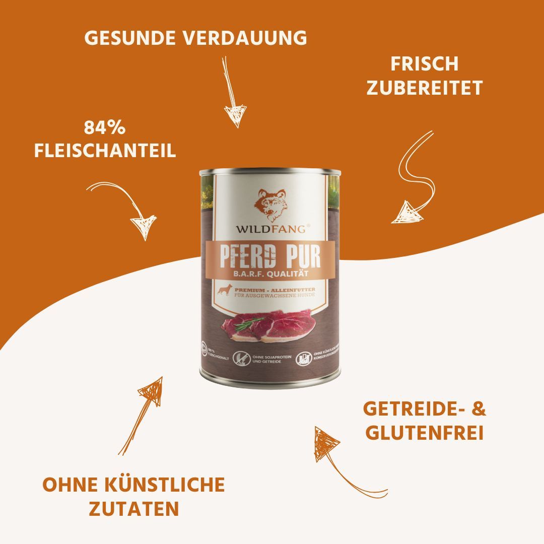 Dose Nassfutter Pferd pur mit Pfeilen und Texten: Gesunde Verdauung, 84% Fleischanteil, ohne künstliche Zusätze, getreide- & glutenfrei.