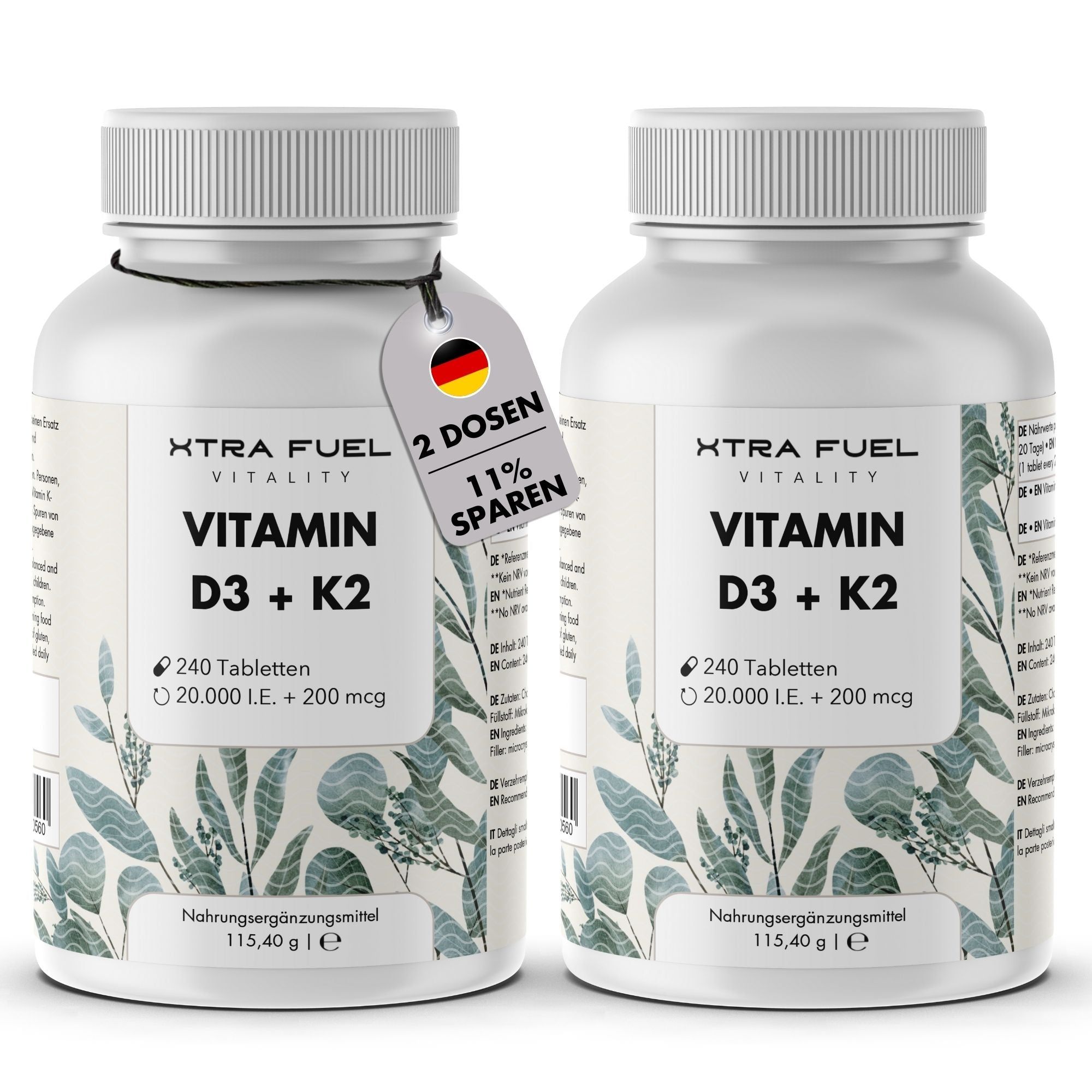 XTRA FUEL Vitamin D3 + K2 Tabletten: hochdosierte 20.000 I.E. + 200mcg MK-7