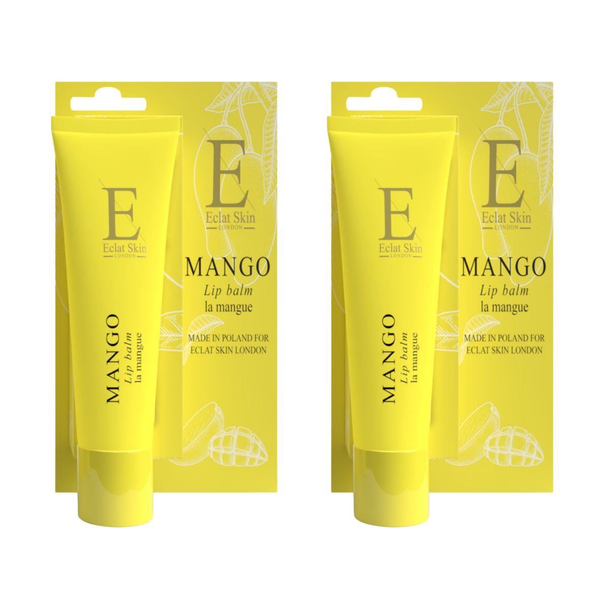 Zwei gelbe Lippenbalsam-Tuben mit Verpackung. Aufschrift: Mango, Eclat Skin London. Gelbe Verpackung mit Mango-Illustration.