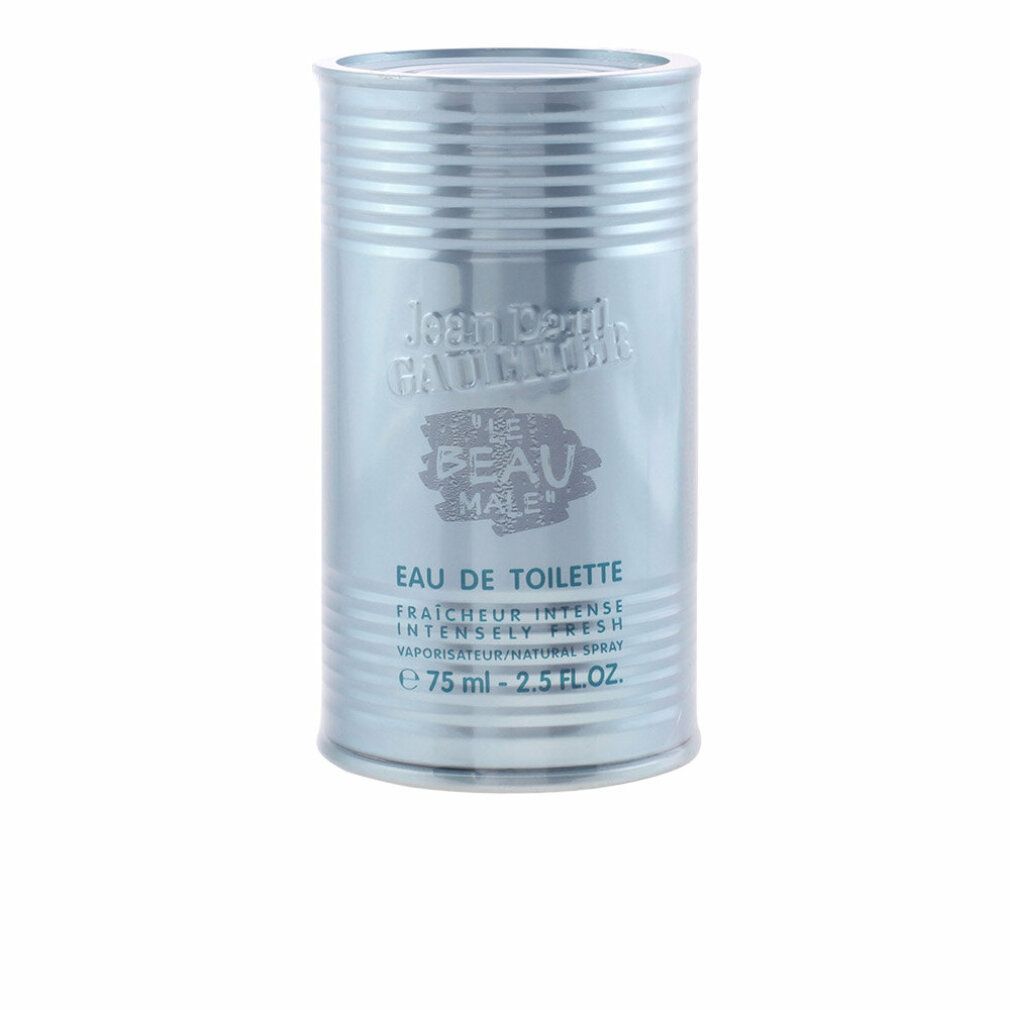 Zylindrische Dose, hellblau, mit geriffelter Oberfläche. Aufschrift: Jean Paul Gaultier, Le Beau Male, Eau de Toilette. 75 ml.