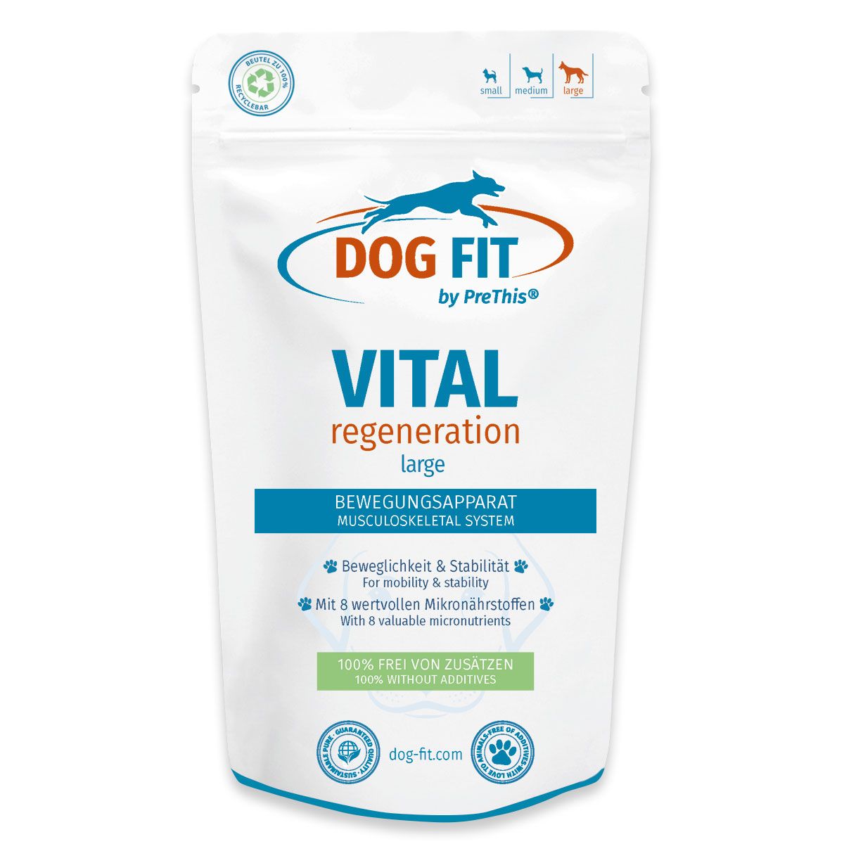 Produktbeutel mit DOG FIT Logo und Text. Text: VITAL regeneration, Bewegungsapparat, 100% frei von Zusätzen.