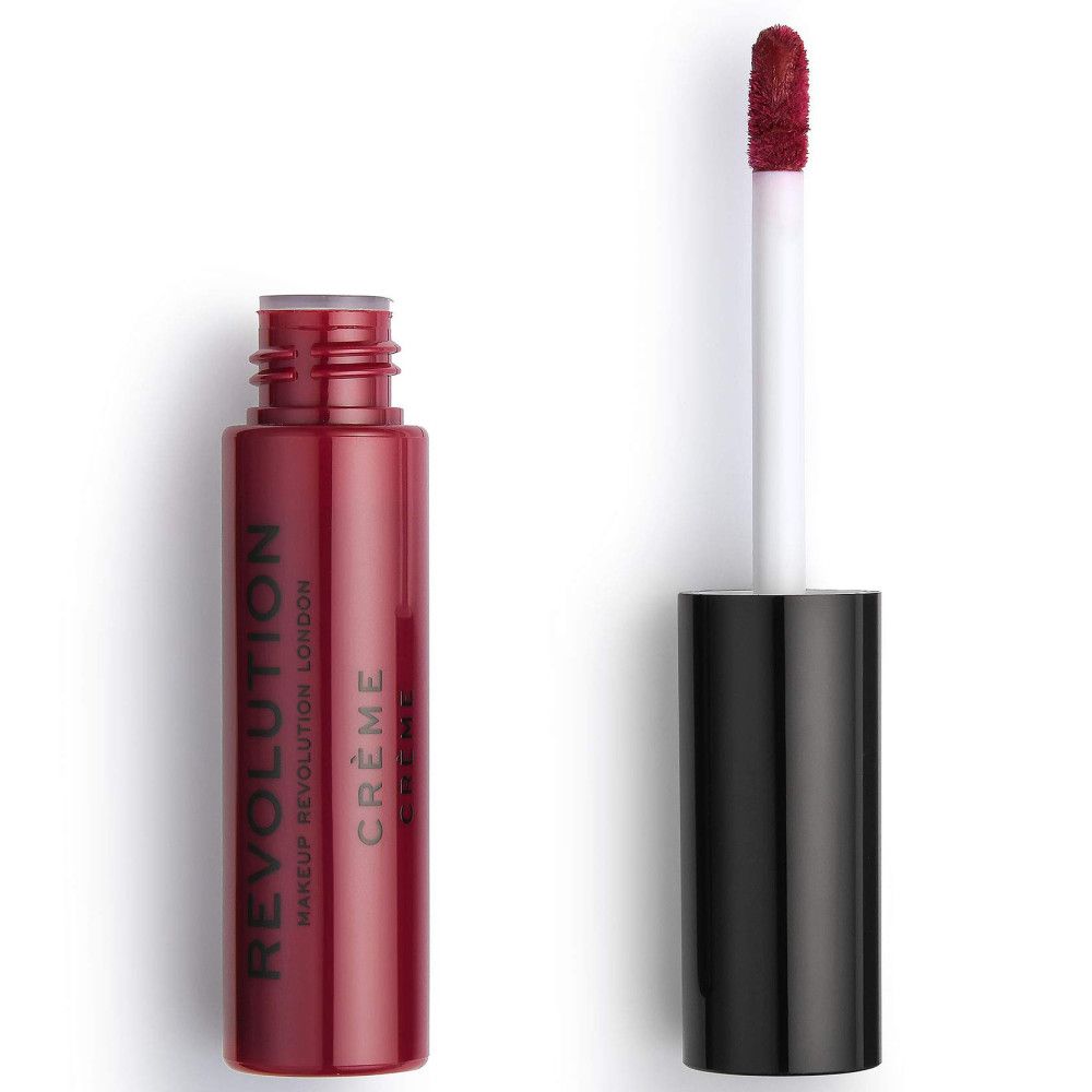 Roter Creme-Lippenstift, geöffnet. Schwarzer Deckel, weißer Applikator. Produktname und Marke sichtbar.