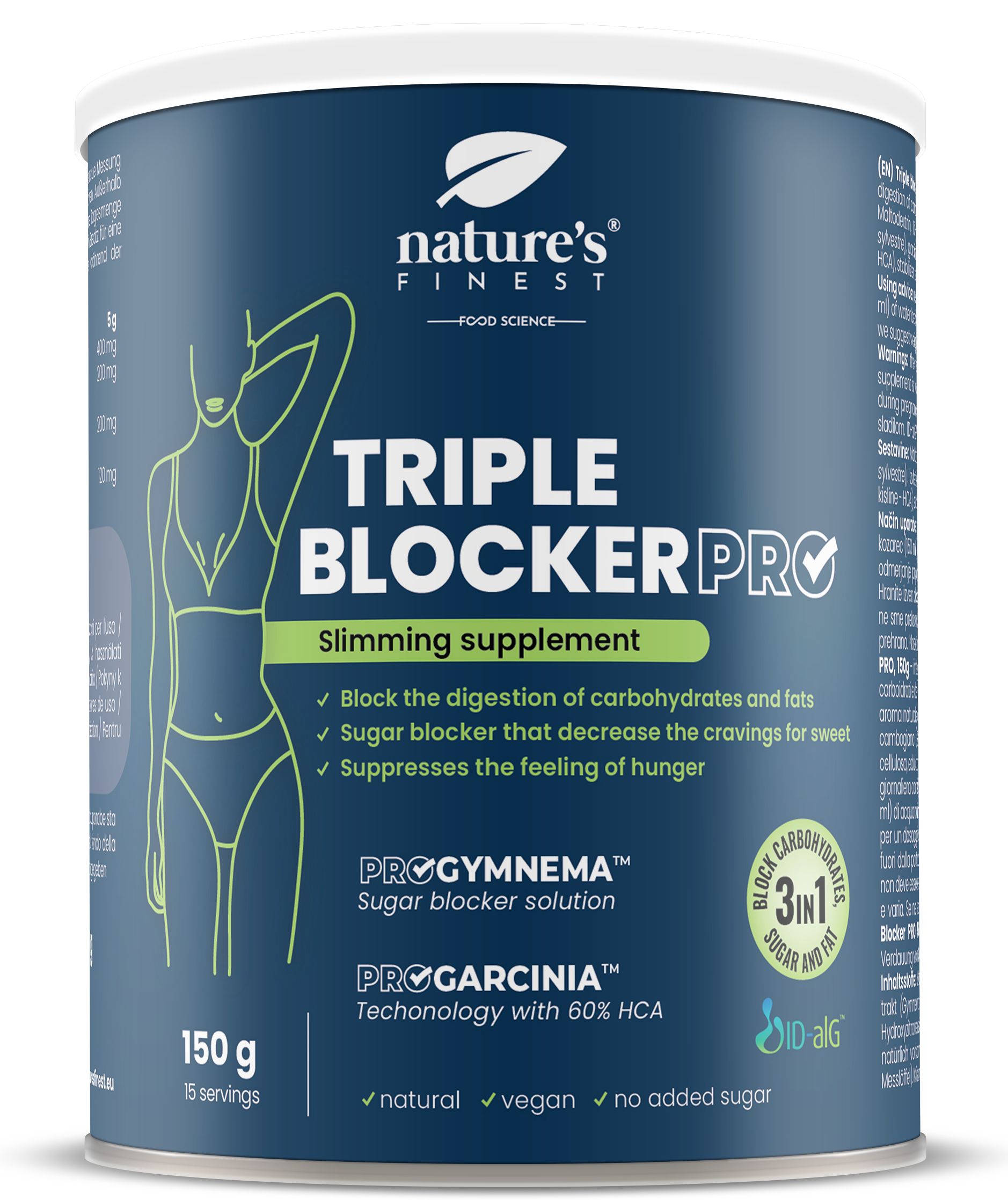 Dose Nature's Finest Triple Blocker Pro. Blaue Dose mit weißem Deckel. Aufschrift Triple Blocker Pro und 150g. Abnehm-Supplement.