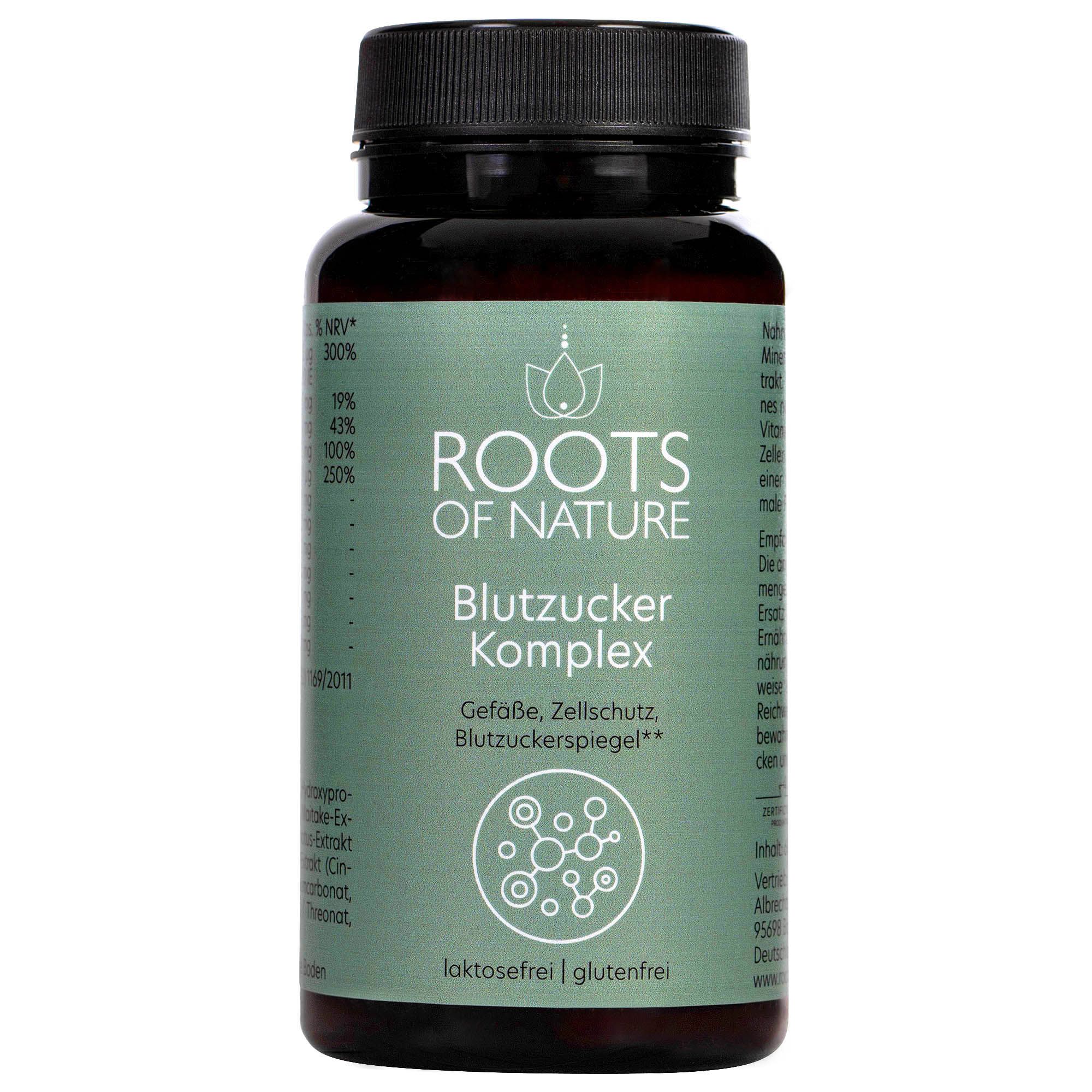 Grüne Flasche mit schwarzem Deckel. Text: ROOTS OF NATURE Blutzucker Komplex. Lakotsefrei, glutenfrei. Nährwertangaben.