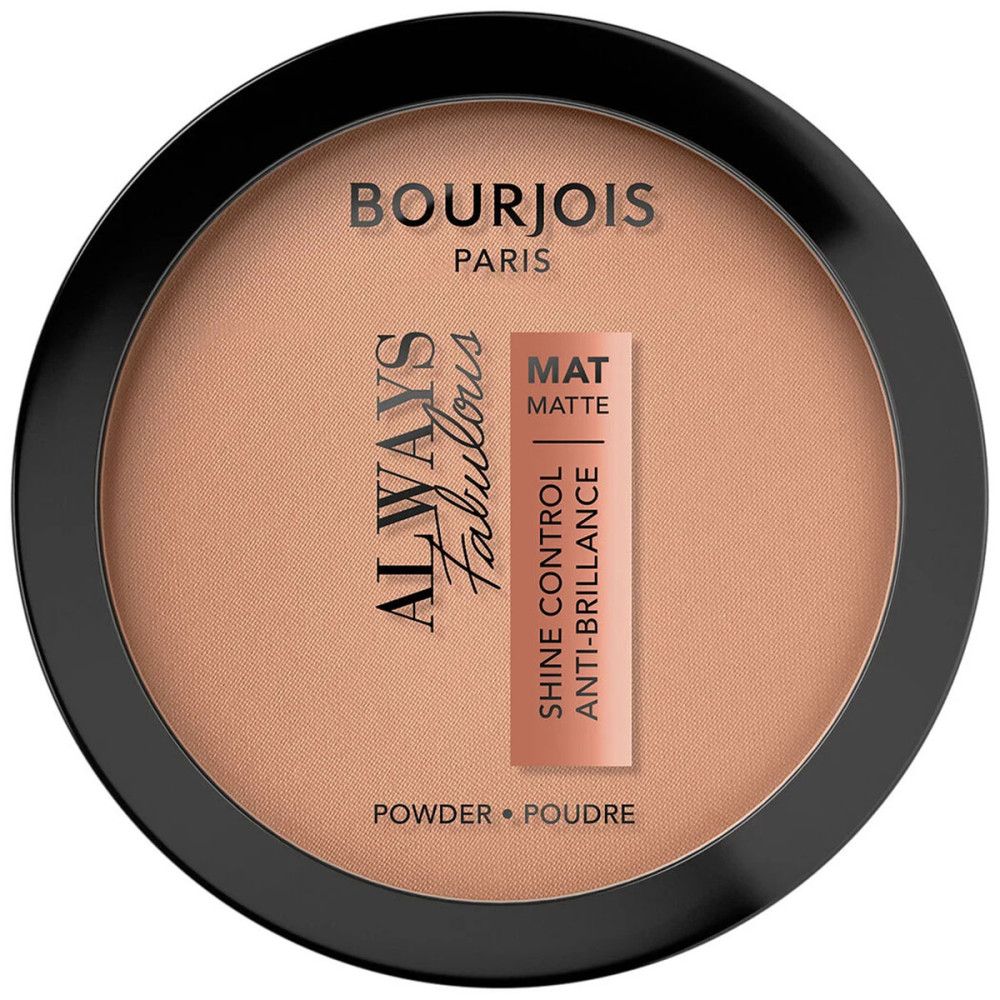 Runder, schwarzer Puderbehälter. Aufschrift: Bourjois Paris, Always Fabulous, Mat Matte, Puder.