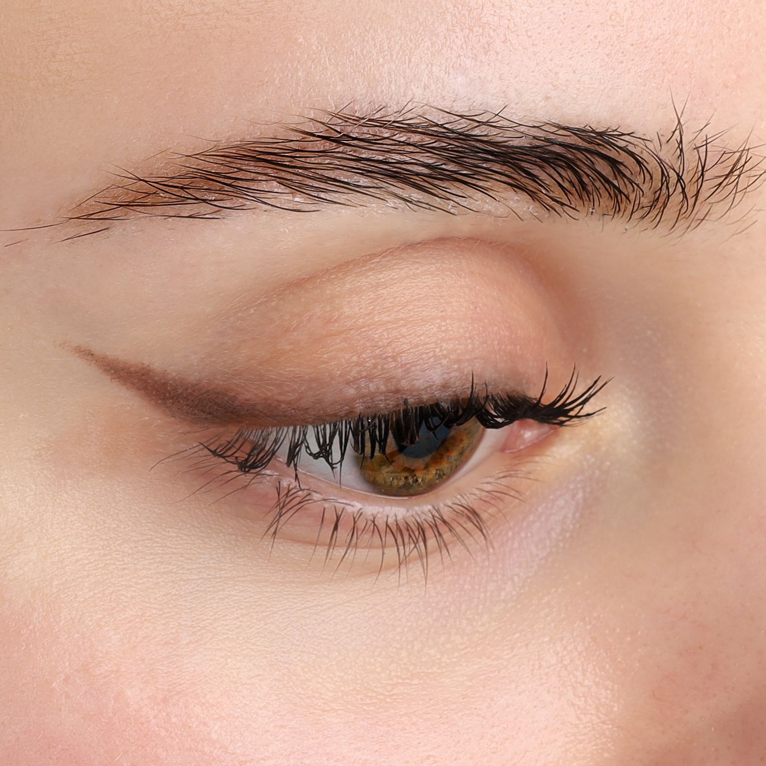 Auge mit Kajal-Eyeliner. Braune Farbe auf dem oberen Augenlid. Braune Augenbrauen.