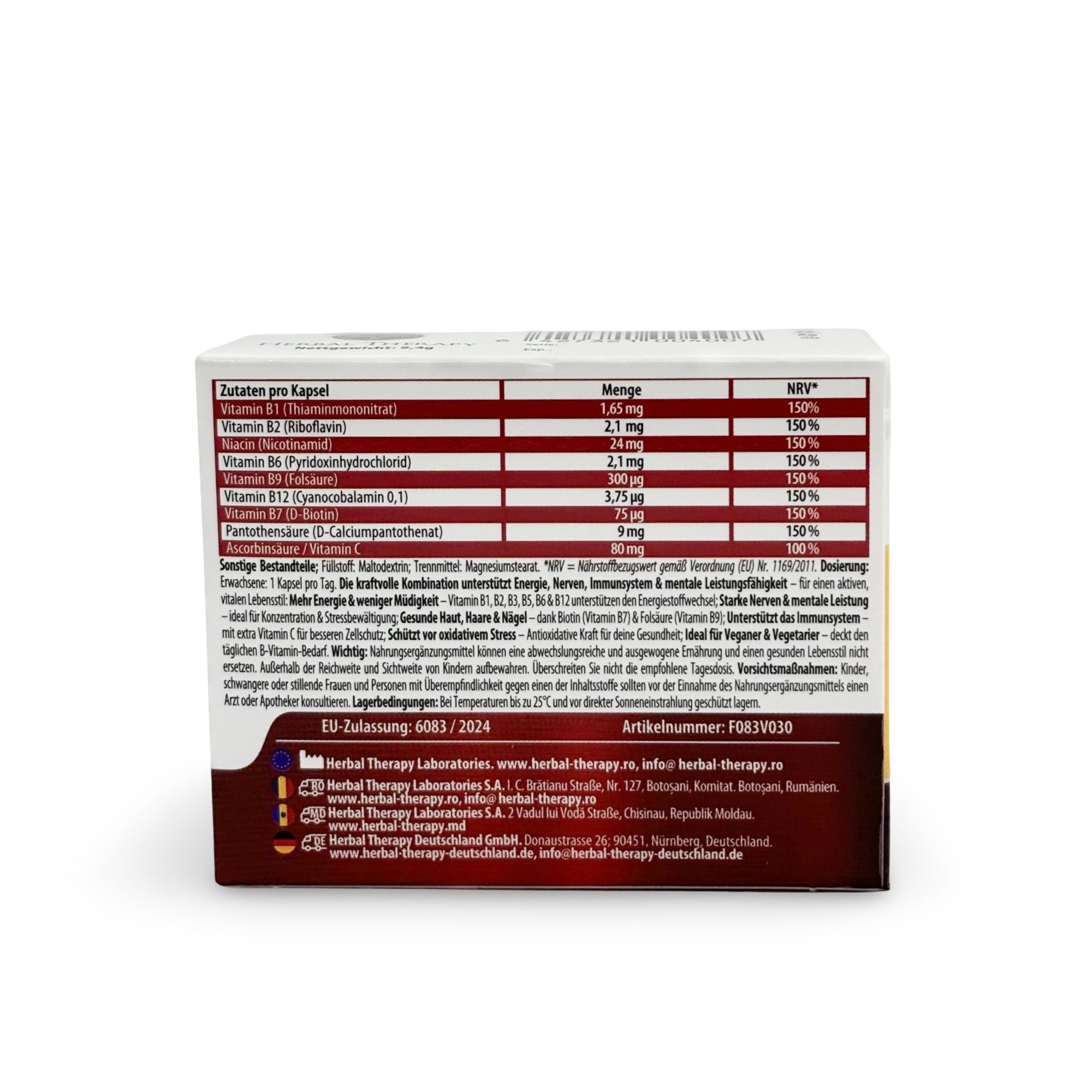 Rückseite der Vitamin B-Komplex + C-Verpackung. Enthält eine Tabelle mit Inhaltsstoffen und Nährwertangaben. Text in deutscher Sprache.
