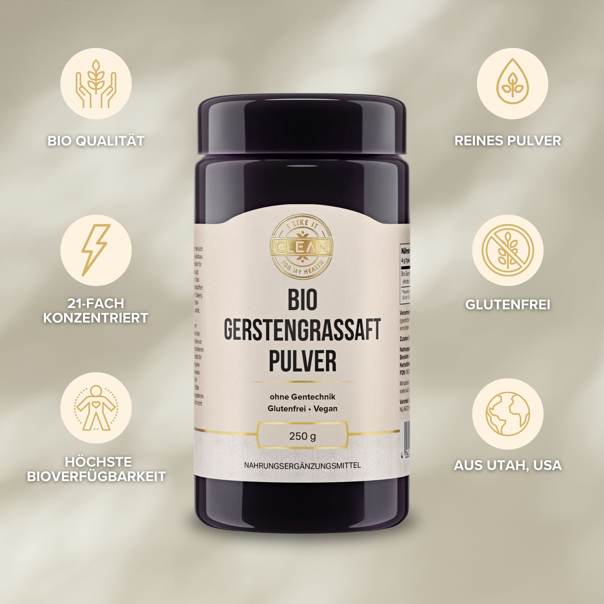 Dunkle Dose mit Aufschrift BIO Gerstengrassaft Pulver, 250g. Siegel: Bio-Qualität, 21-fach konzentriert, glutenfrei, vegan.