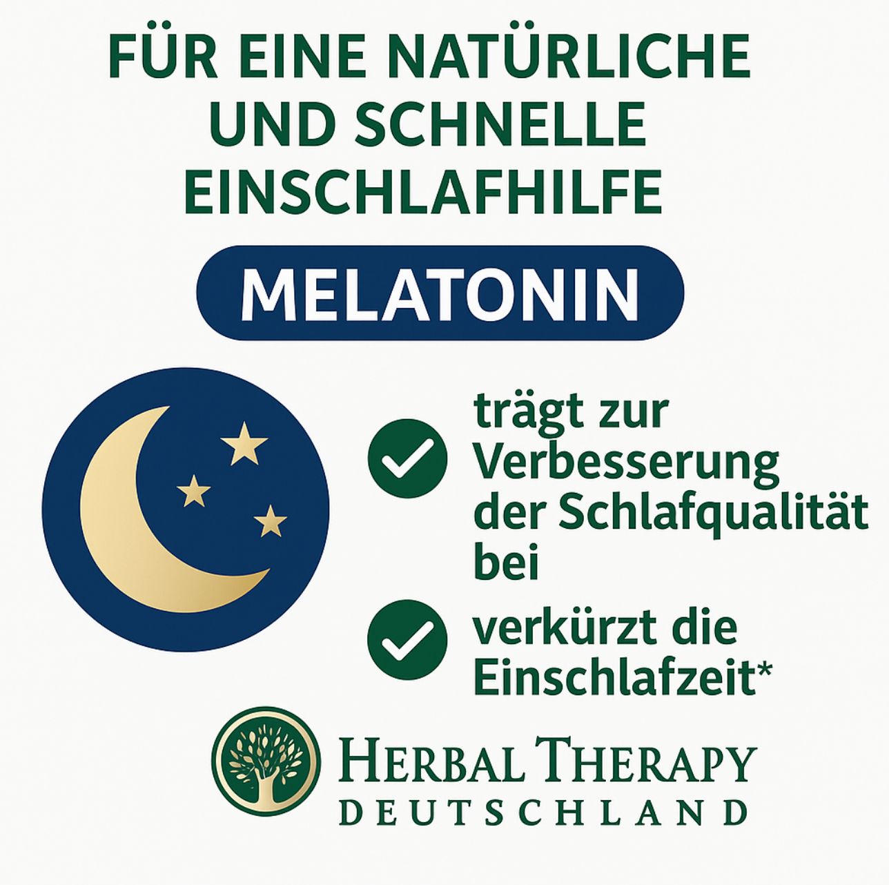 Infografik mit Text und Symbolen. Text: Melatonin, Herbal Therapy Deutschland. Themen: Schlafqualität, Einschlafzeit.