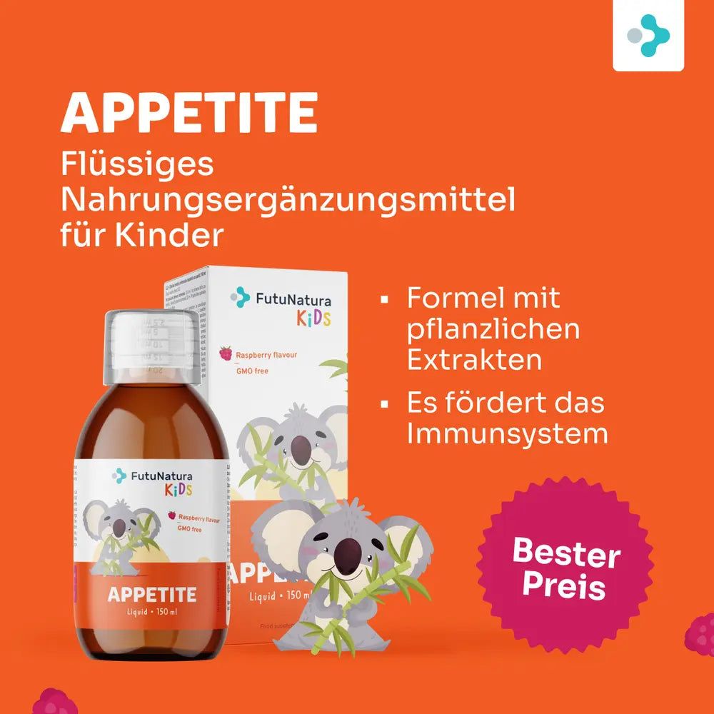 Flasche und Verpackung von FutuNatura Kids Appetite. Text: Flüssiges Nahrungsergänzungsmittel für Kinder. Bester Preis.