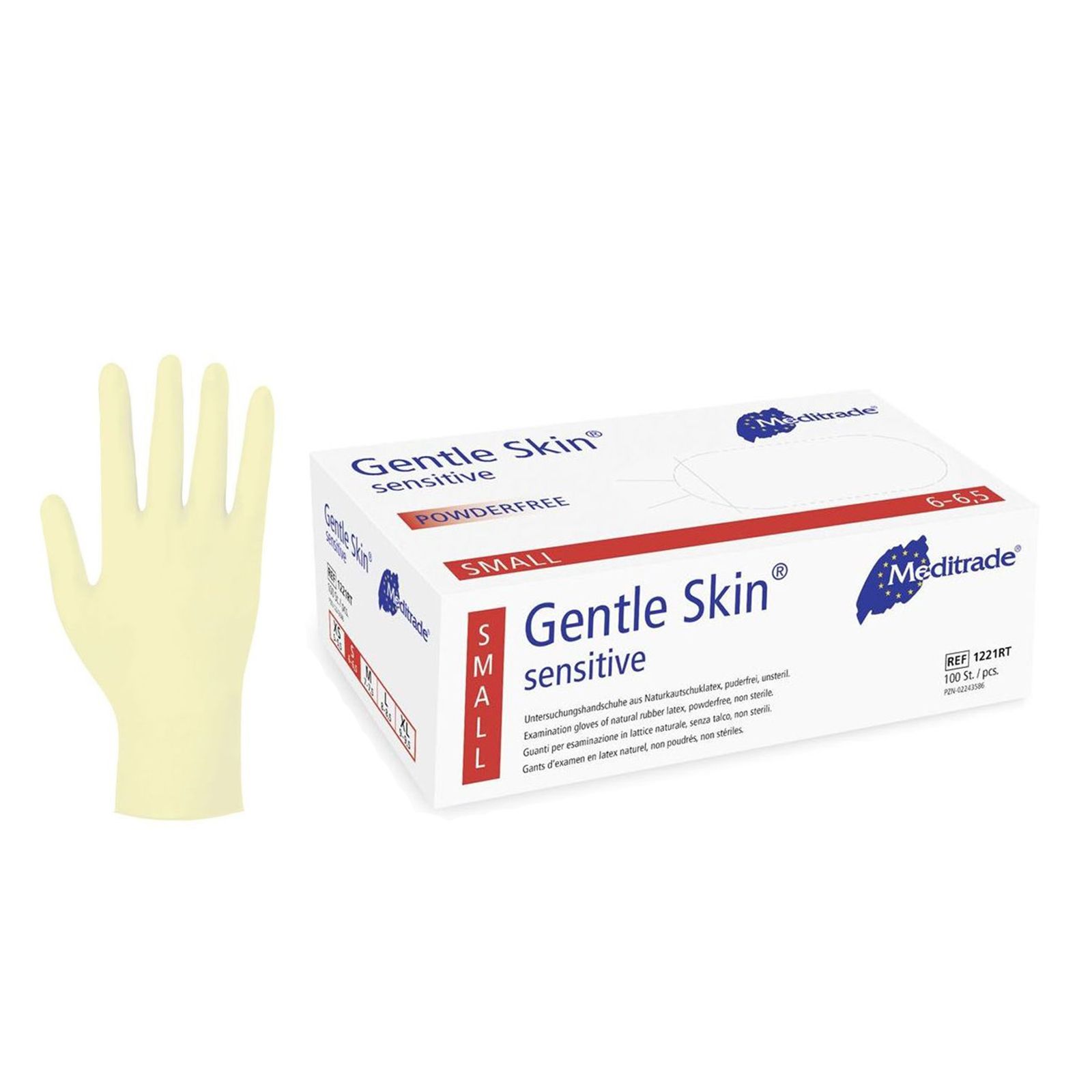 Einweg-Latexhandschuh, hellgelb, neben Karton. Karton mit Aufschrift Gentle Skin sensitive, Größenangabe S, Logo Meditrade.