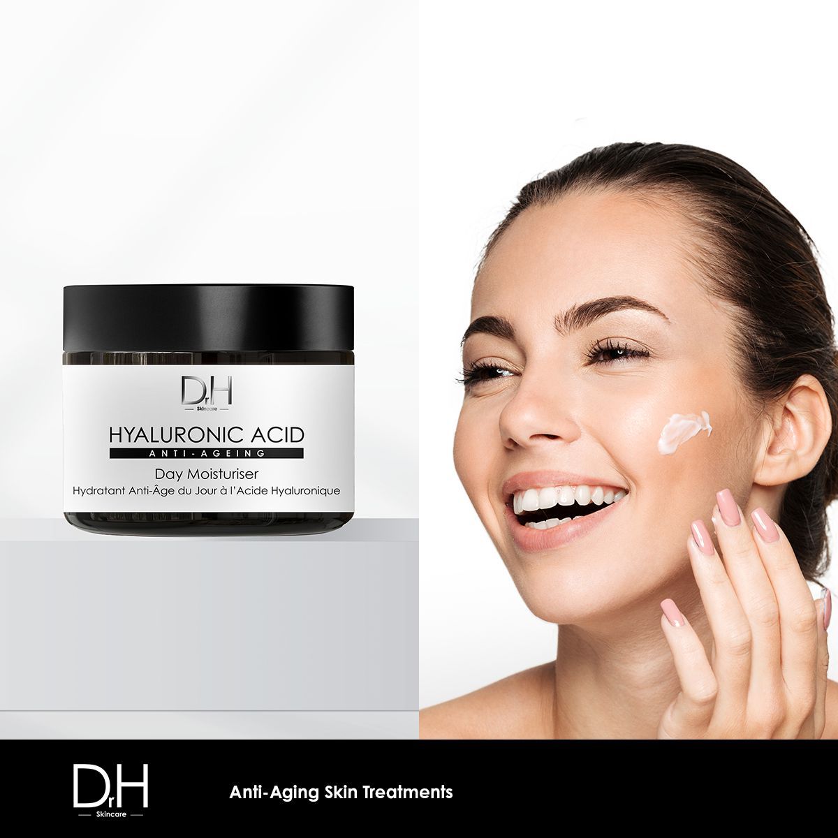 Creme-Tiegel neben einer lächelnden Frau. Aufschrift: Hyaluronsäure Anti-Aging Day Moisturiser. Frau trägt Creme auf.