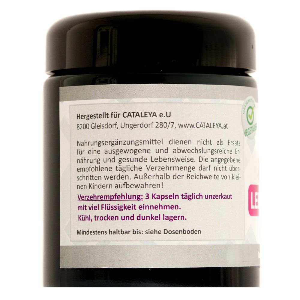 Rückseite der Dose CATALEYA LEBER-KOMPLEX. Informationen zur Anwendung und Herstelleradresse. Vegetarier-Siegel.