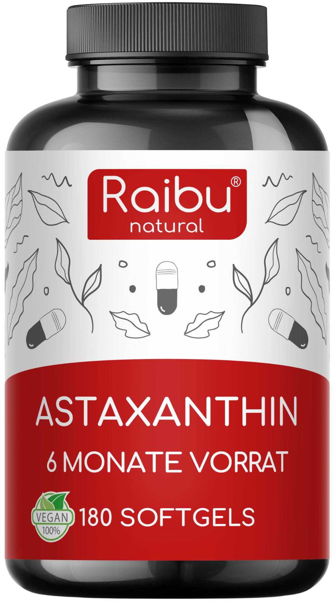 Dunkle Flasche mit Astaxanthin-Kapseln. Aufschrift: Raibu natural, Astaxanthin, 6 Monate Vorrat, 180 Softgels. Vegan-Siegel.