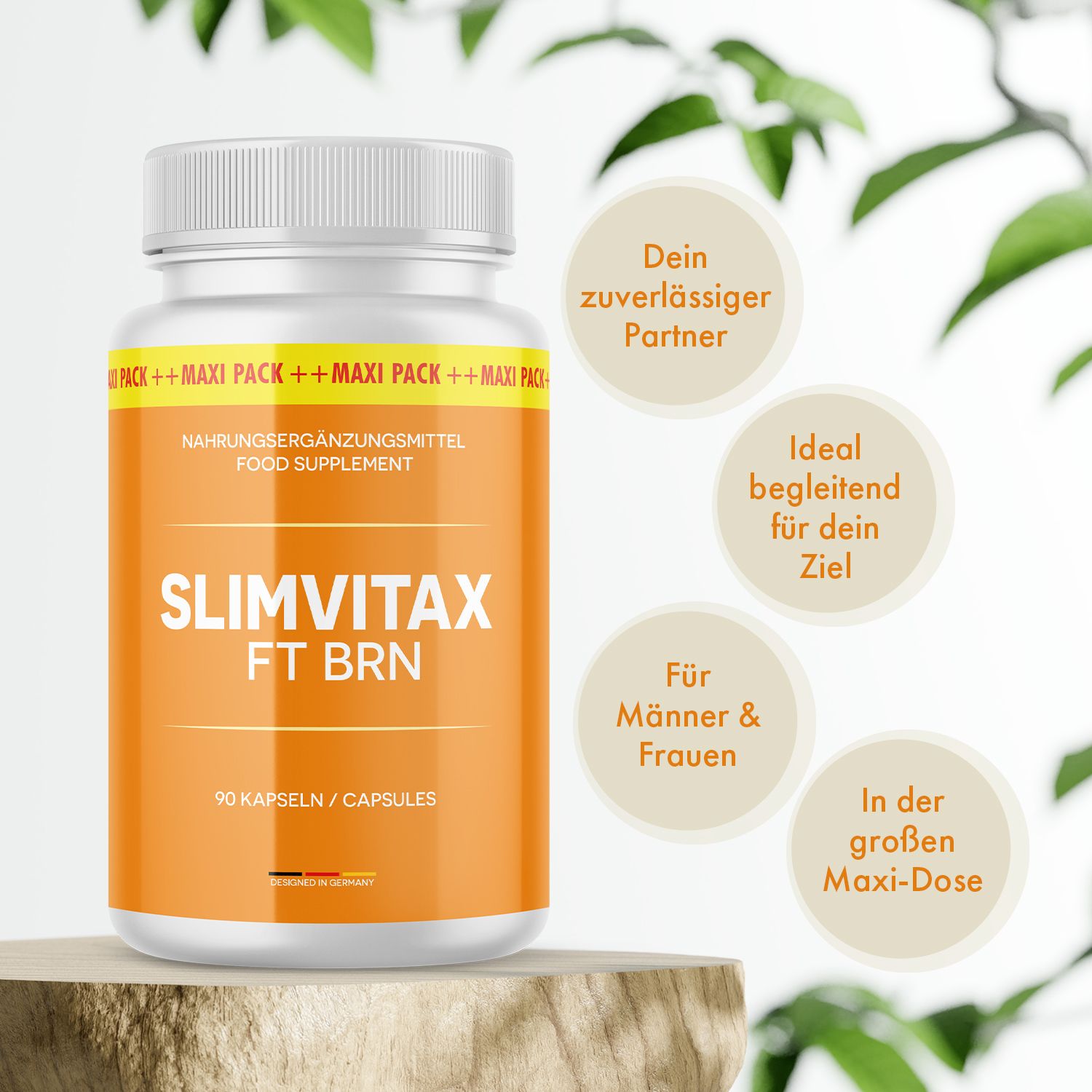 Slimvitax FT BRN Kapseln mit Hinweisen zu Vorteilen wie 'Dein zuverlässiger Partner' und 'Für Männer & Frauen'.