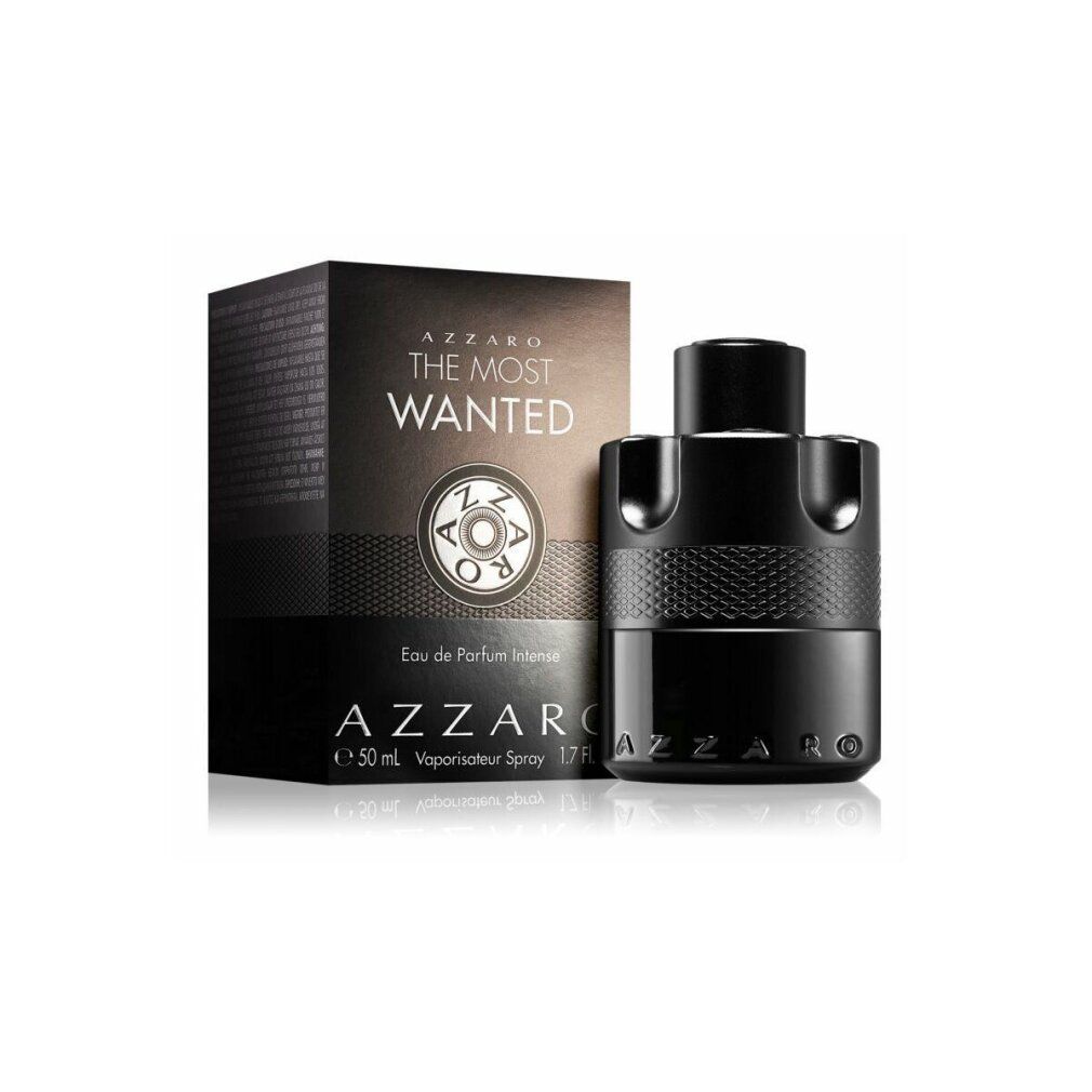 Schwarzer Flakon und Verpackung. Aufschrift: AZZARO THE MOST WANTED. Eau de Parfum Intense. 50 ml. Zerstäuber.