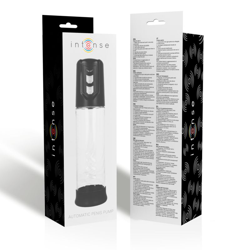 Automatische Pumpe mit schwarzem Kopf und Sockel, transparentem Zylinder. Verpackung mit Produktabbildung und Text.