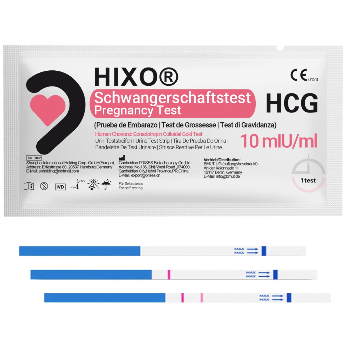 Verpackung mit Schwangerschaftsteststreifen. Marke HIXO, Text: 10 mIU/ml, CE-Kennzeichnung. Einzelne Teststreifen mit Ergebnisanzeige.