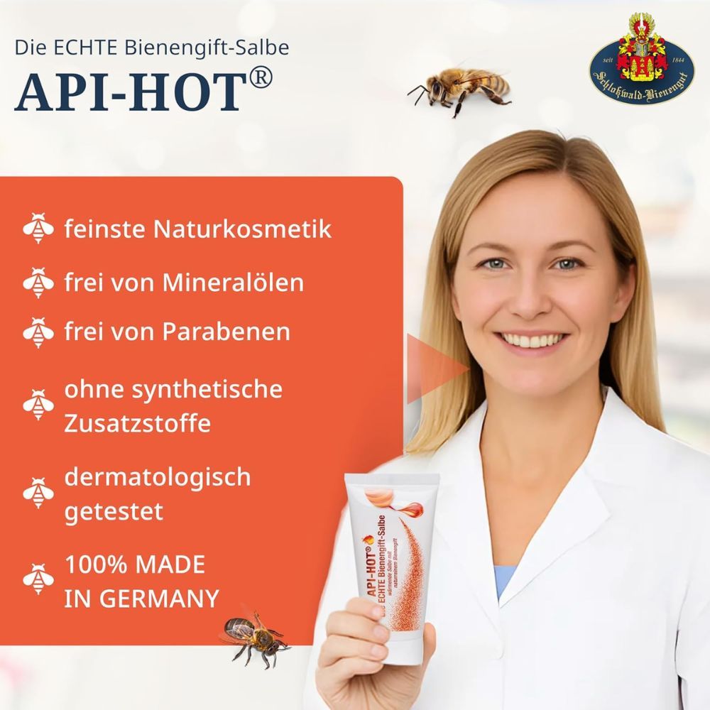 Frau hält API-HOT® Bienengift-Salbe.  Text: feinste Naturkosmetik, ohne Zusätze, dermatologisch getestet. Made in Germany.