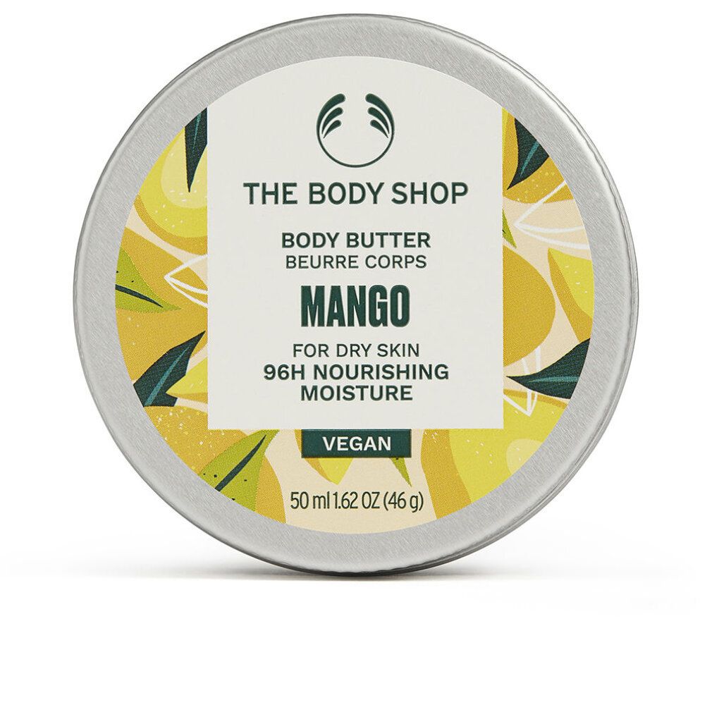 Runde Dose Body Butter Mango. Aufschrift: The Body Shop, Body Butter, Mango, für trockene Haut, 96H Feuchtigkeit. Vegan.