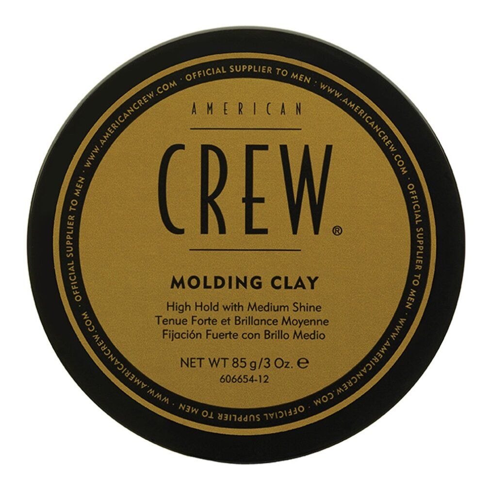 Runde Dose mit schwarzem Deckel und goldenem Etikett. Aufschrift: AMERICAN CREW, Molding Clay. Nettoinhalt: 85g/3 oz.