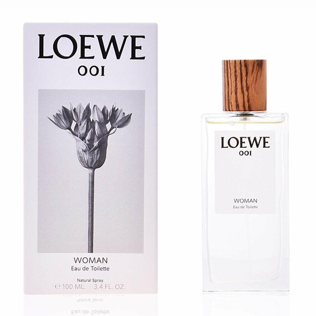 Loewe 001 Woman Eau de Toilette Spray. Flakon rechteckig, transparent. Holzfarbener Verschluss. Weißes Etikett mit Produktinformationen. Ohne Verpackung.